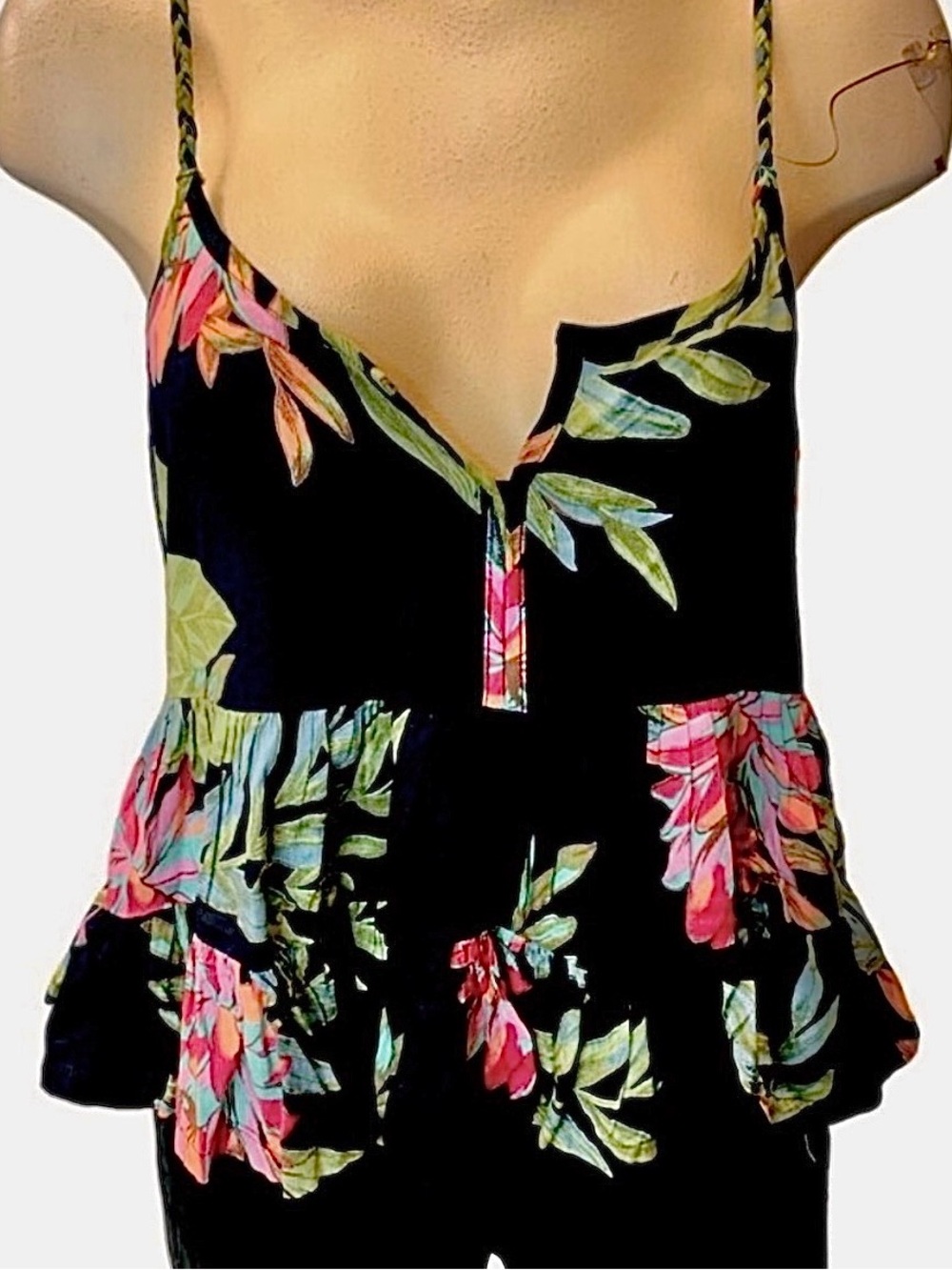 Patrons Of Peace Black Floral Print Crop Braided Straps Ruffle Hem Tank XS